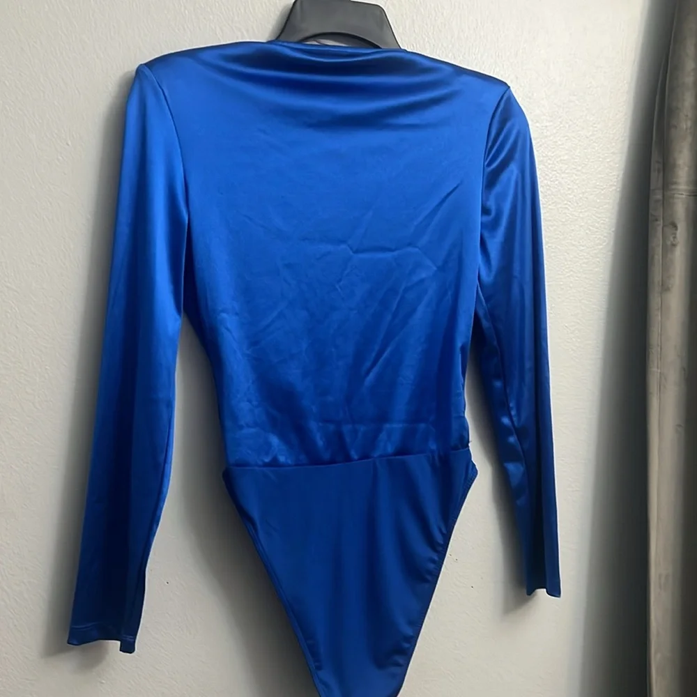 Silk look Royal Blue Long Sleeve Bodysuit Deep V neck - Picture 4 of 7